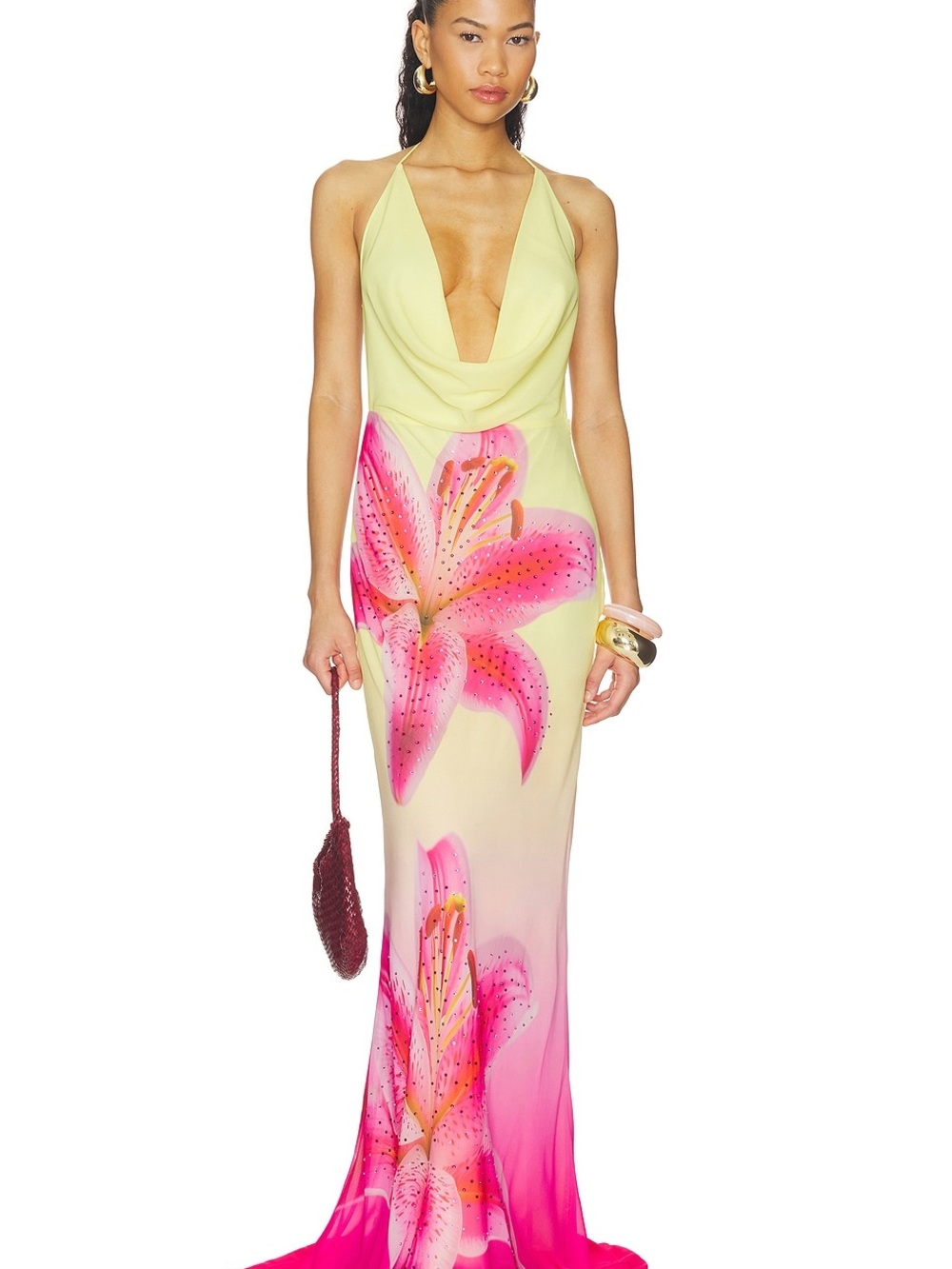 Backless Floral Halter Maxi Dress - Yellow & Pink